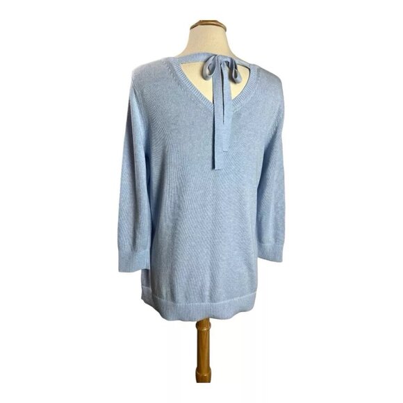 Talbots Sweater M Pima Cotton V-Neck Tie Back Knit Baby Blue Soft 3/4 Sleeve - Picture 2 of 7